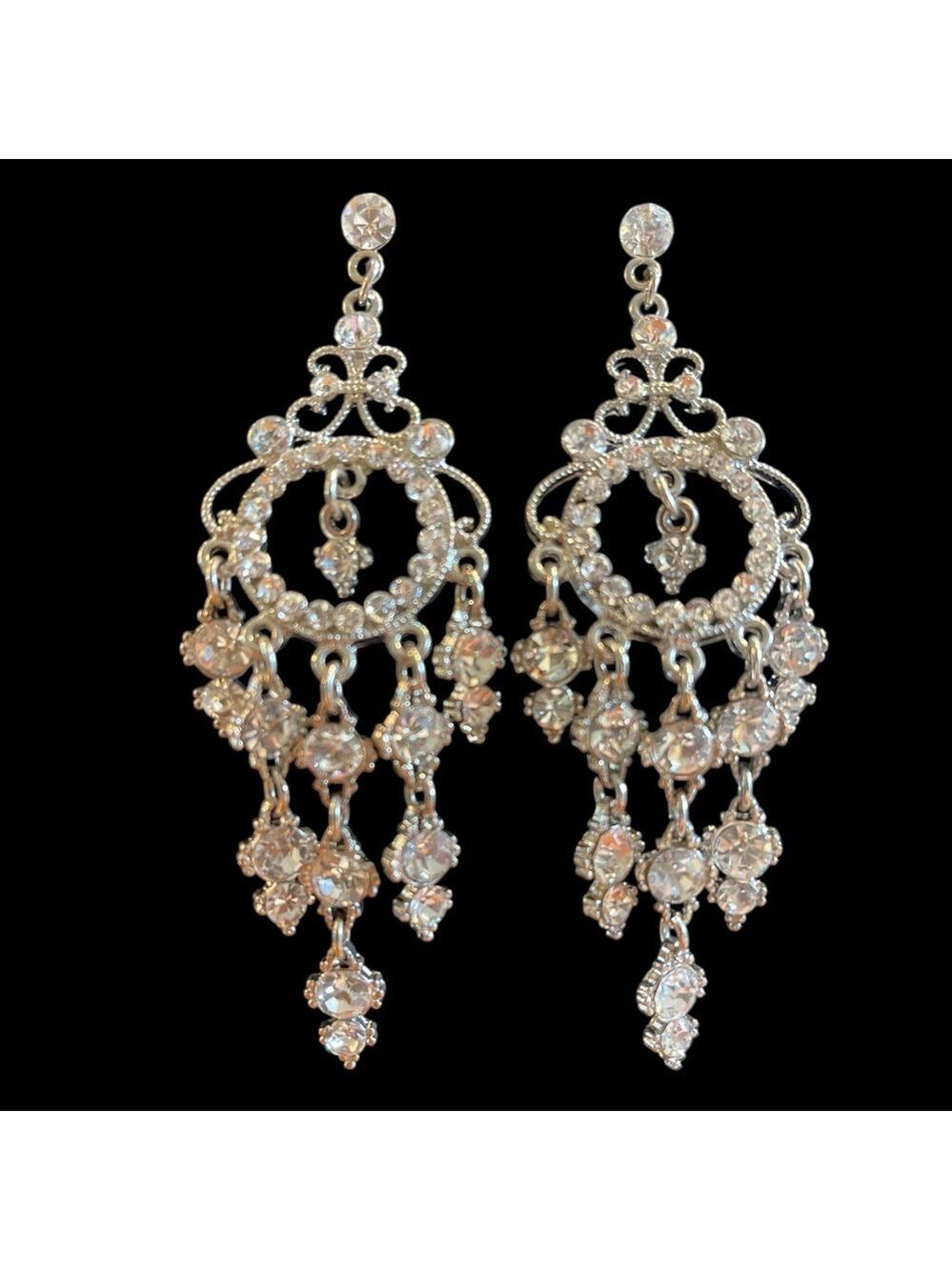Crystal Rhinestone Chandelier Statement Earrings Silver Bridal Prom Drop